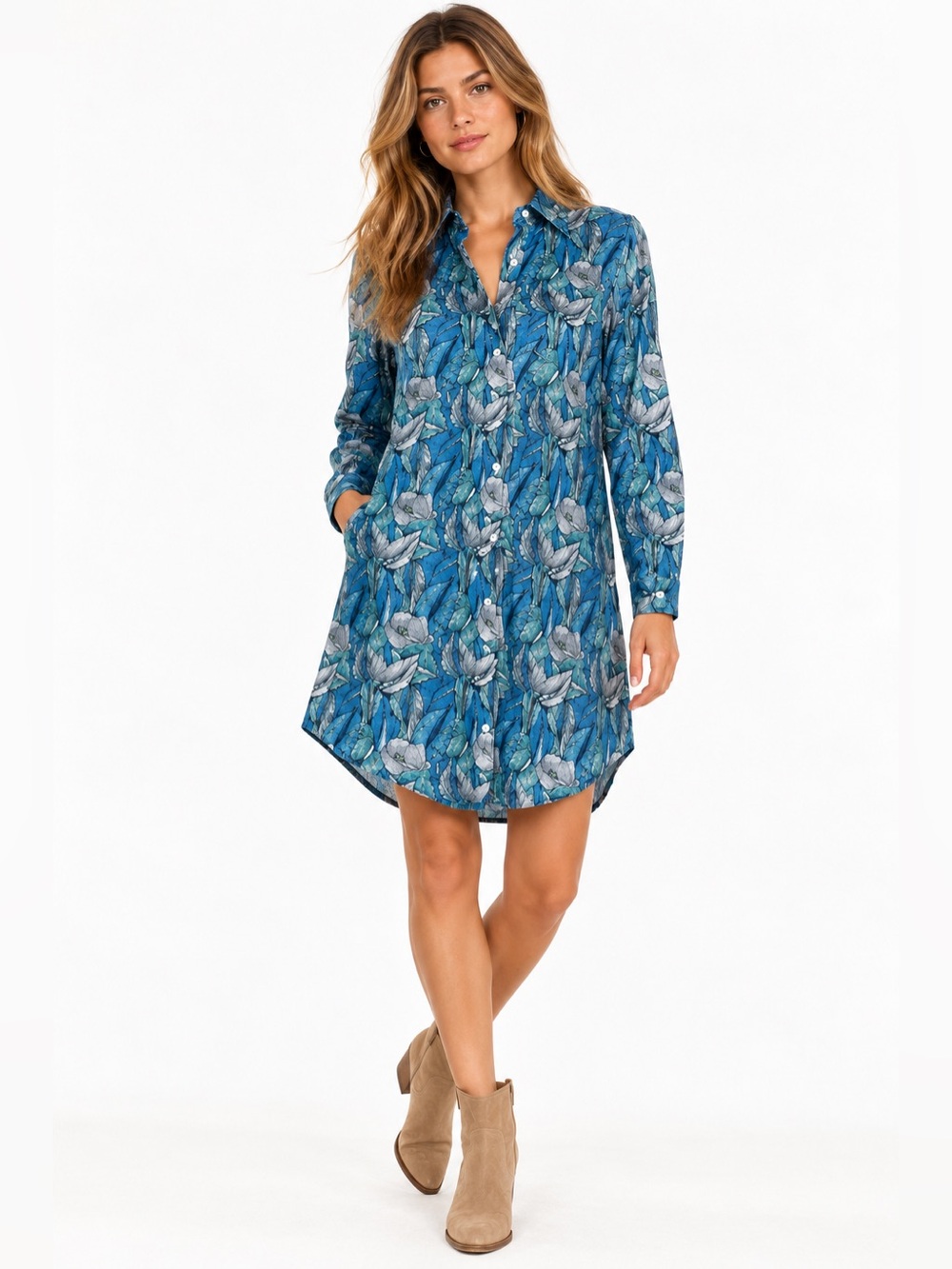 Emily Phillips Nashville 100% Cotton Shirtdress Blue Floral Flowers xs